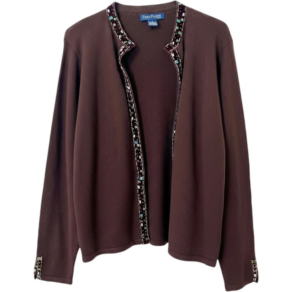 Evan Picone Eggplant Beaded Sequin Trim Cardigan Women Size 1X Dark Academia